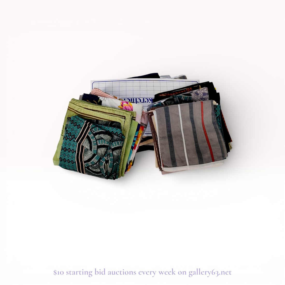 Assorted Designer Handkerchiefs and Pocket Squares, Versace, Nina Ricci, and Lanvin: This bulk lot features a variety of designer handkerchiefs, pocket squares, and small scarves from prestigious labels including Versace, Nina Ricci, Austin Reed, Lanvin, and Dior. The collection inclu