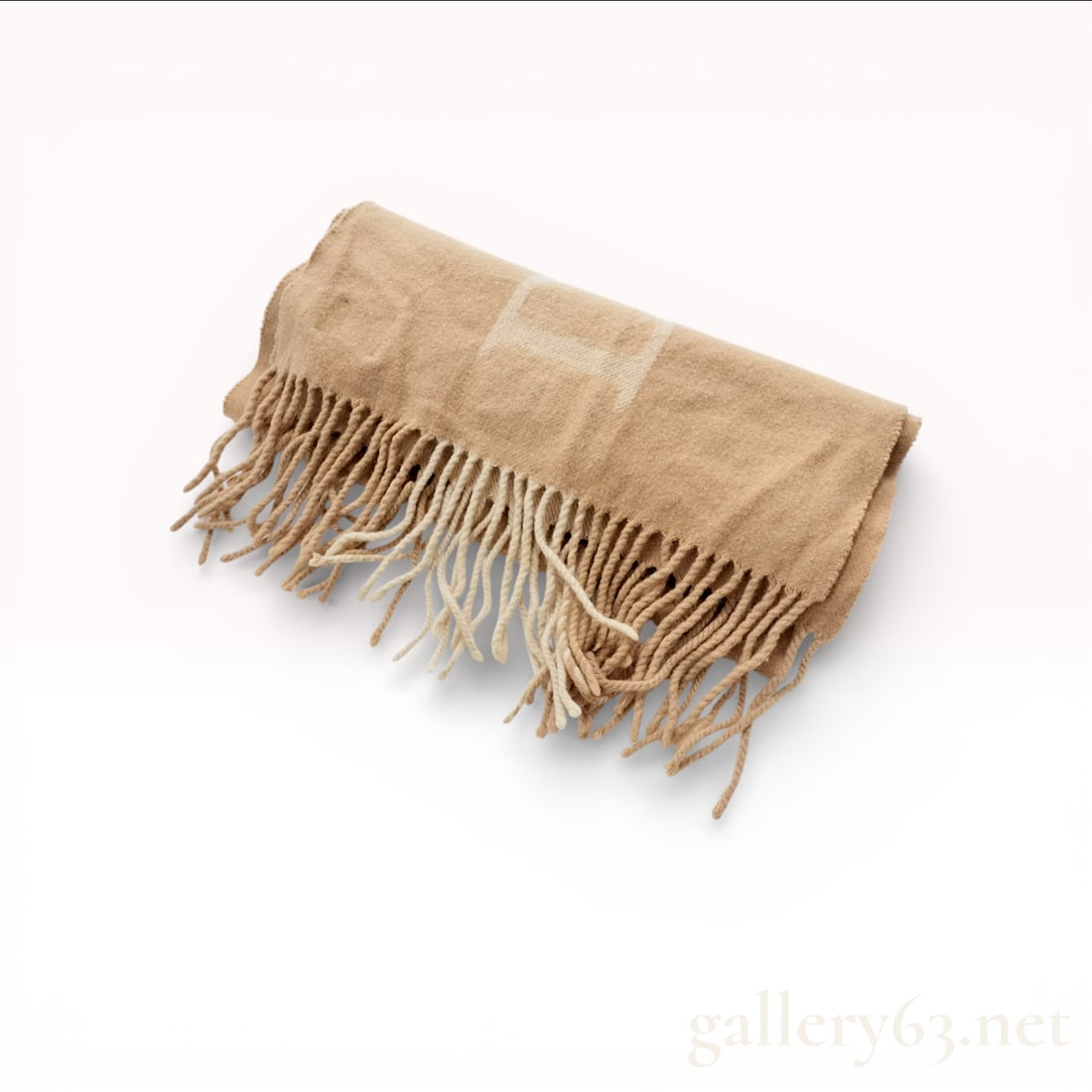 Christian Dior Scarf, Logo Merino Wool and Cashmere: Christian Dior scarf, 90 percent Merino wool and 10 percent cashmere, large-scale repeating cream Dior logo on camel base. Length: 160 cm (63 inches), Width: 30 cm (12 inches). A Christian Dior scarf