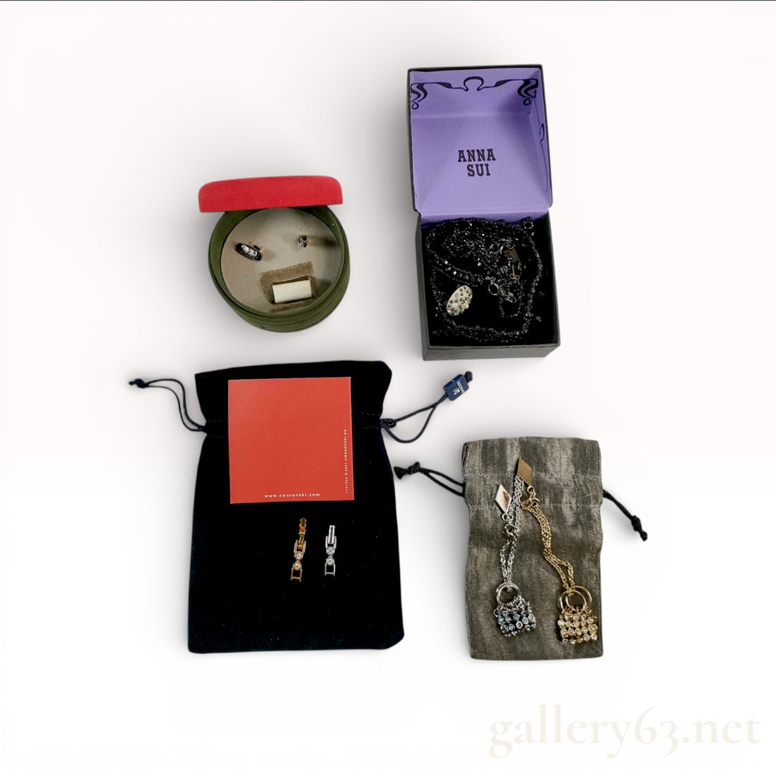 Mixed Tone Beaded Necklaces and Handbag Charms, Anteprima and Anna Sui Designer Lot: A collection of designer fashion jewelry and accessories. Features two Anteprima handbag-themed charms, one gold-toned and one silver-toned, pavé-set with clear and blue faceted crystals. Each