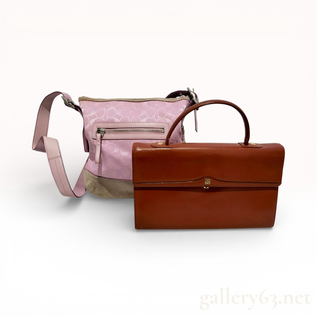 A Pair of Designer Handbags: Coach Signature Ergo Hobo and Vintage Givenchy Leather Satchel: This lot features a pair of designer handbags. The first is a Coach Ergo Hobo crafted with pink Signature jacquard canvas, tan suede base and trim, and a pink leather shoulder strap. It features silve