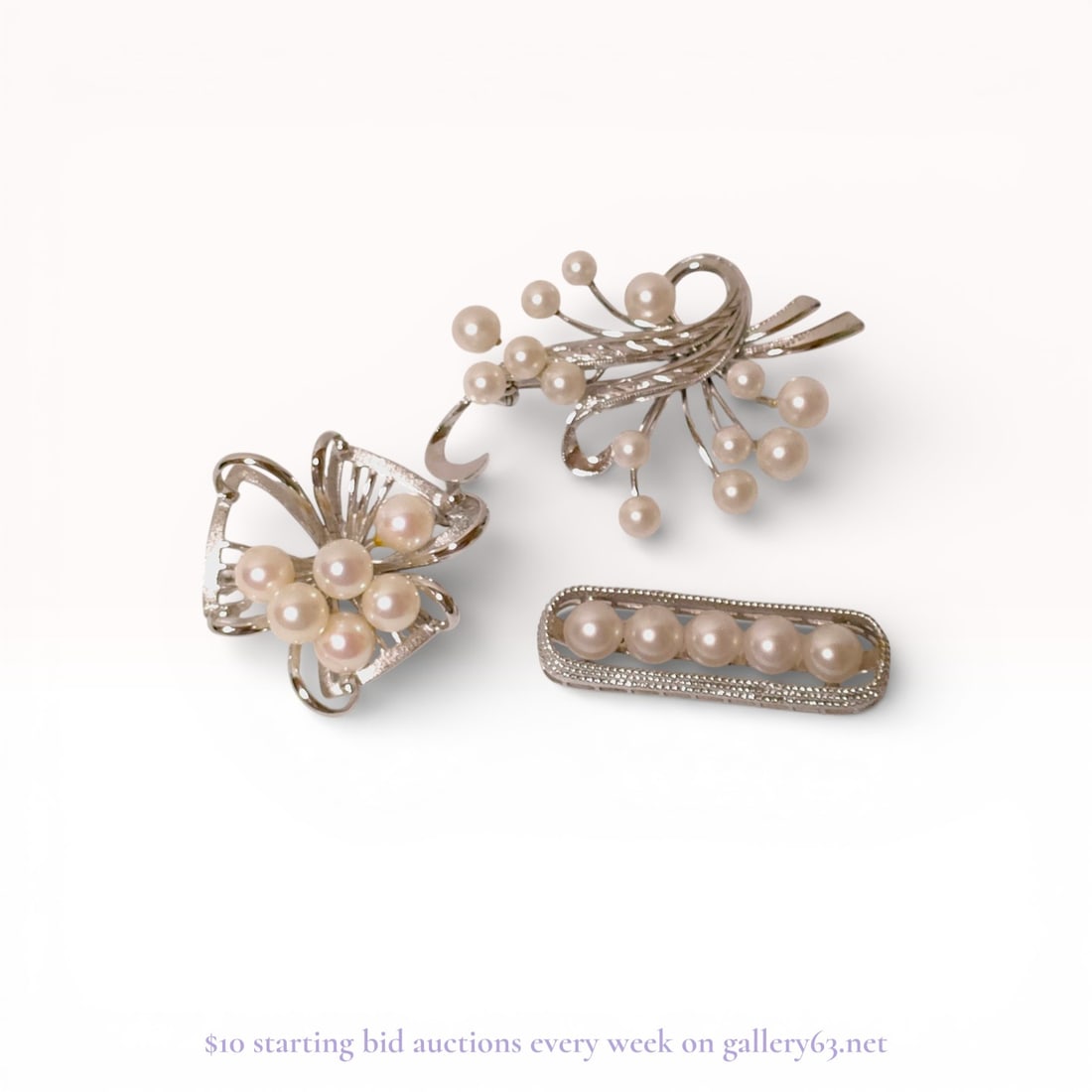 Three Sterling Silver Akoya Pearl Brooches by Mikimoto: A collection of three vintage sterling silver brooches by Mikimoto, featuring cultured Akoya pearls in various classic motifs. The first item is a linear bar brooch with a rectangular frame, rope-twis