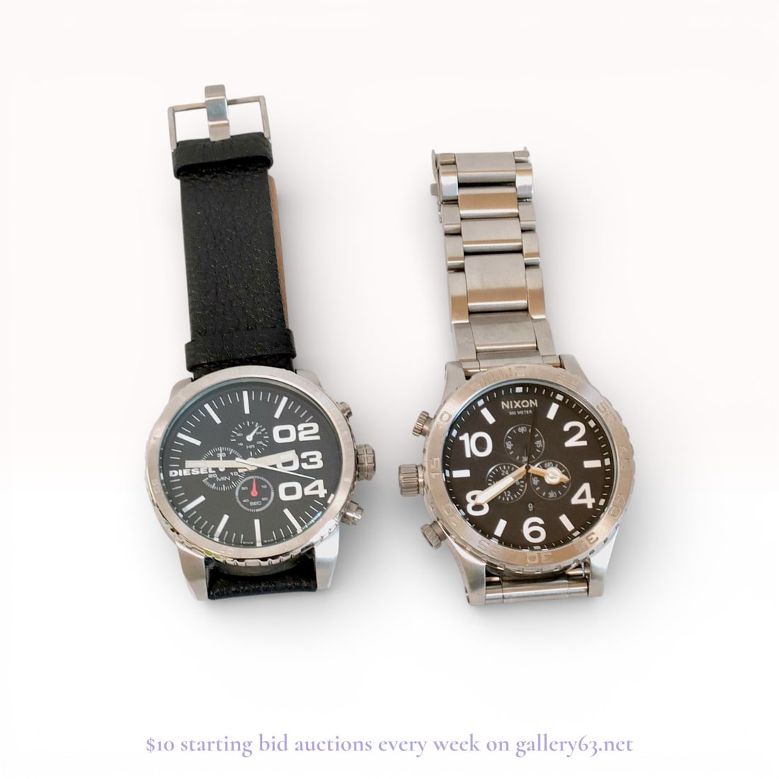 A Pair of Diesel Mega Chief and Nixon 51-30 Chronograph Wristwatches: This lot features two large-format stainless steel chronograph wristwatches. The first is a Diesel Mega Chief, reference DZ-4208, equipped with a quartz movement. The black dial displays silver-tone h