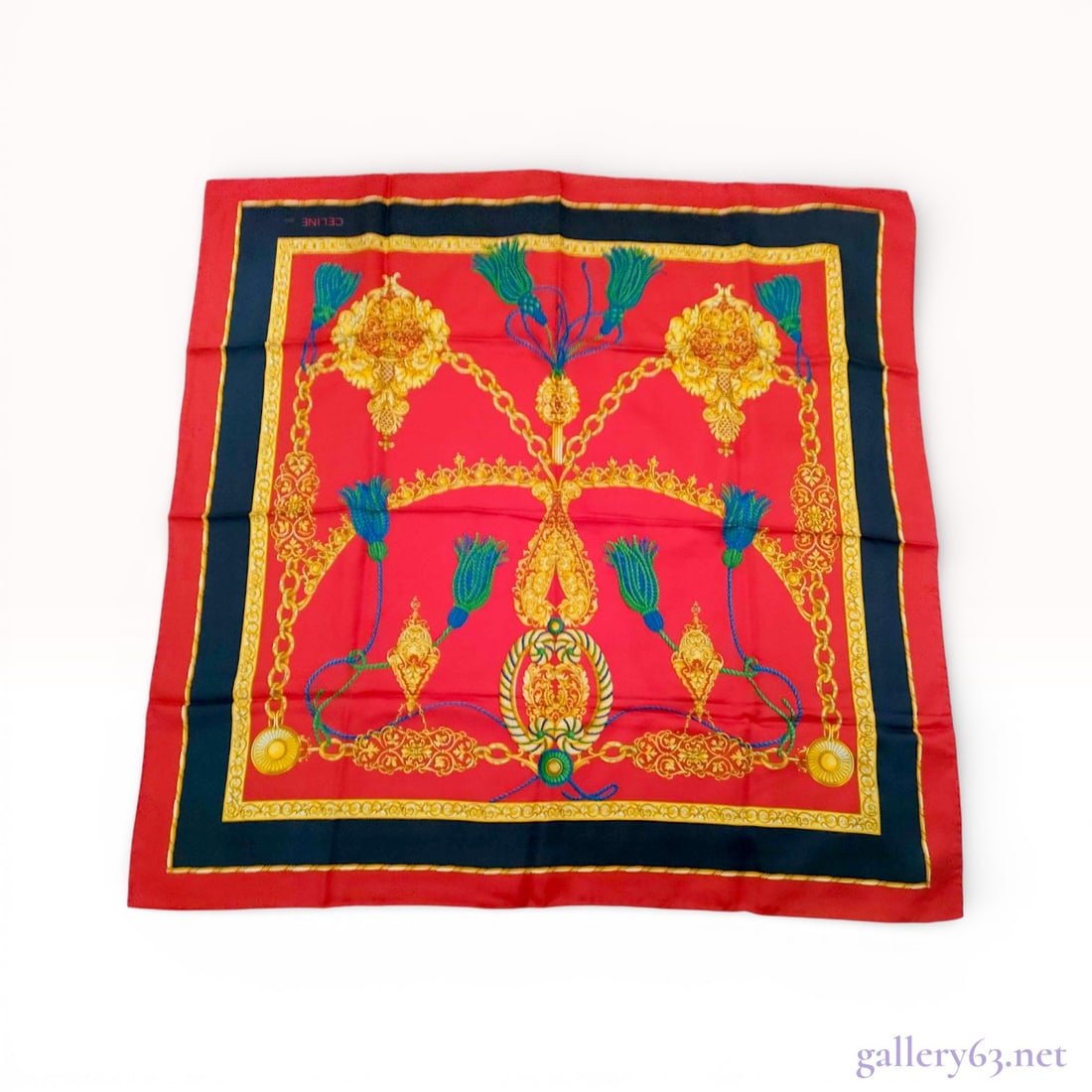 Celine Paris Square Silk Scarf with Baroque Tassel Motif, 86cm: This vintage Celine Paris square scarf is crafted in Italy from 100% pure silk. The design features an ornate Baroque-inspired motif with golden chains, intricate filigree scrollwork, and stylized tea