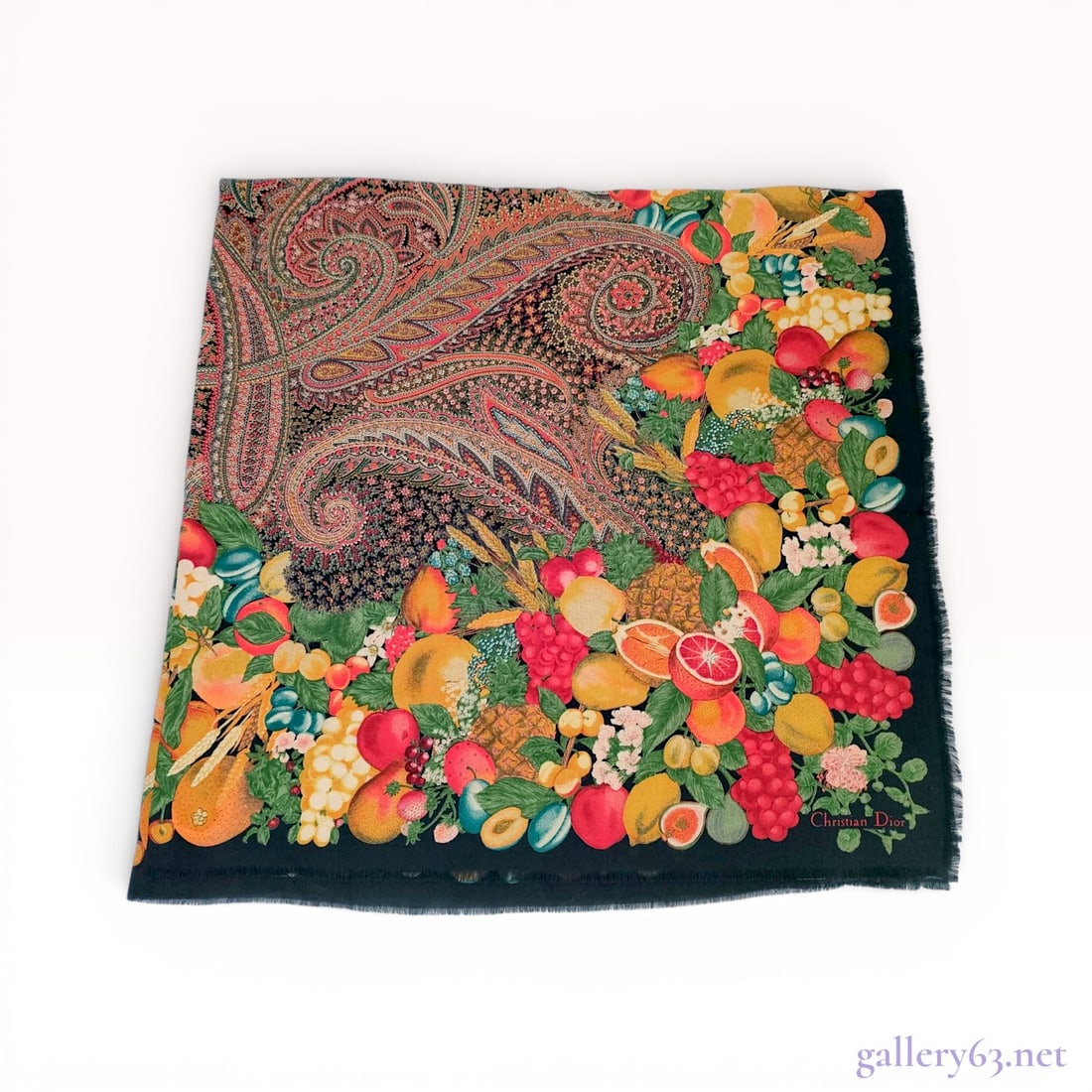 Christian Dior Wool and Silk Paisley and Fruit Motif Large Square Shawl, Plissé 140: A luxurious oversized square shawl by Christian Dior featuring a vibrant dual-theme composition. The design is divided into a section of intricate, multi-colored paisley scrollwork and a dense, lush b