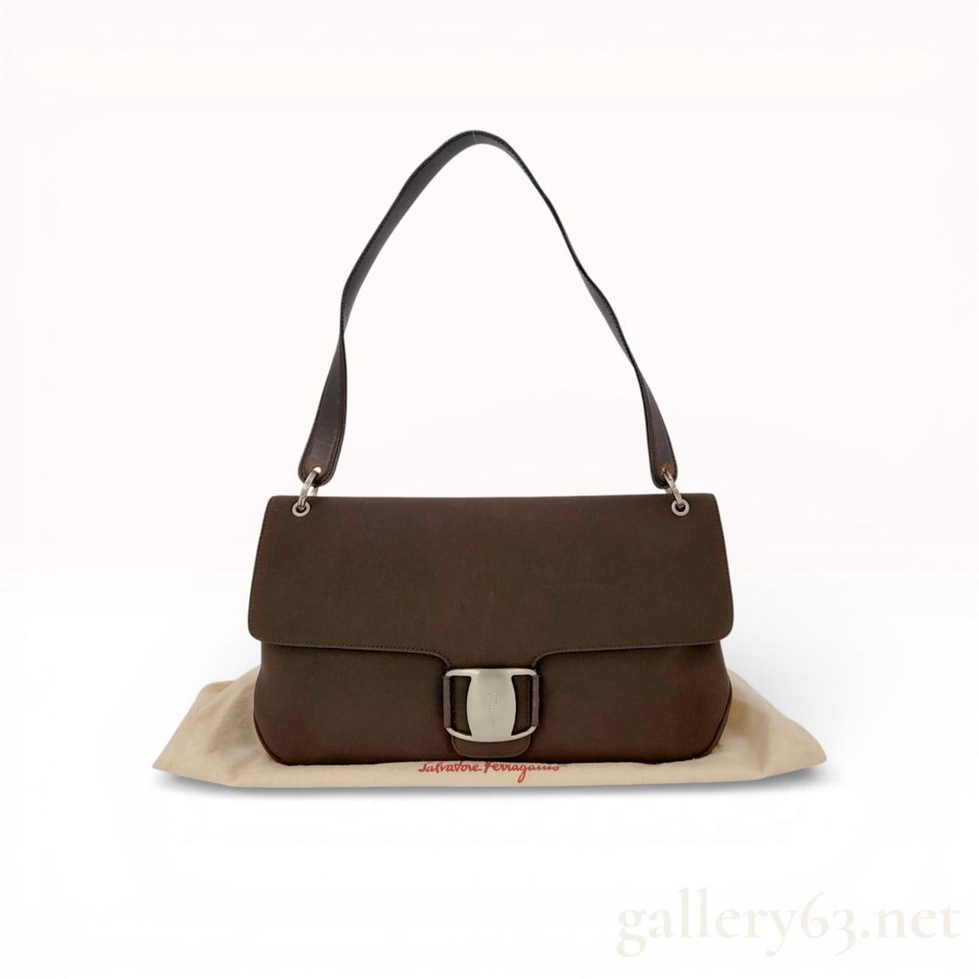 Salvatore Ferragamo Gancio Flap Shoulder Bag, Brown Nylon and Leather: Salvatore Ferragamo flap shoulder bag featuring a dark brown nylon body and a smooth leather shoulder strap. The front flap is secured with a prominent silver-tone Gancini-style buckle engraved with t