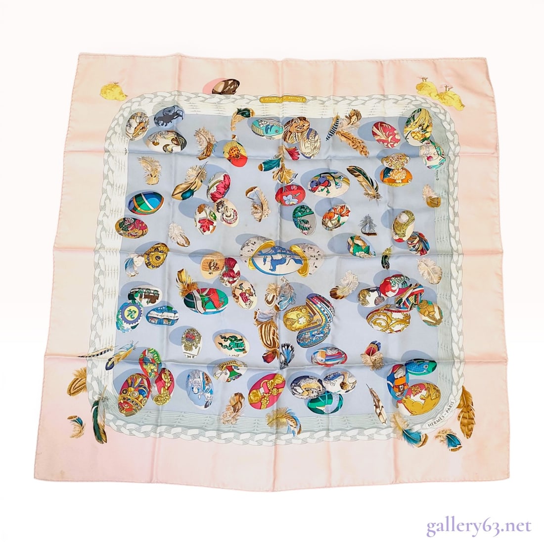 Hermes Silk Carre 90 Scarf, Couvée d'Hermes Pattern: An authentic Hermes 90cm silk twill scarf in the "Couvée d'Hermes" pattern, designed by artist Caty Latham. Originally issued in 1994, the design features an intricate collection of d
