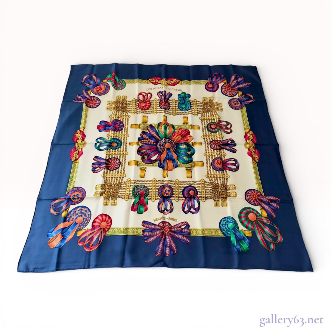 Hermes Silk Twill Scarf in Les Rubans du Cheval Pattern, Carre 90 (1 of 10)