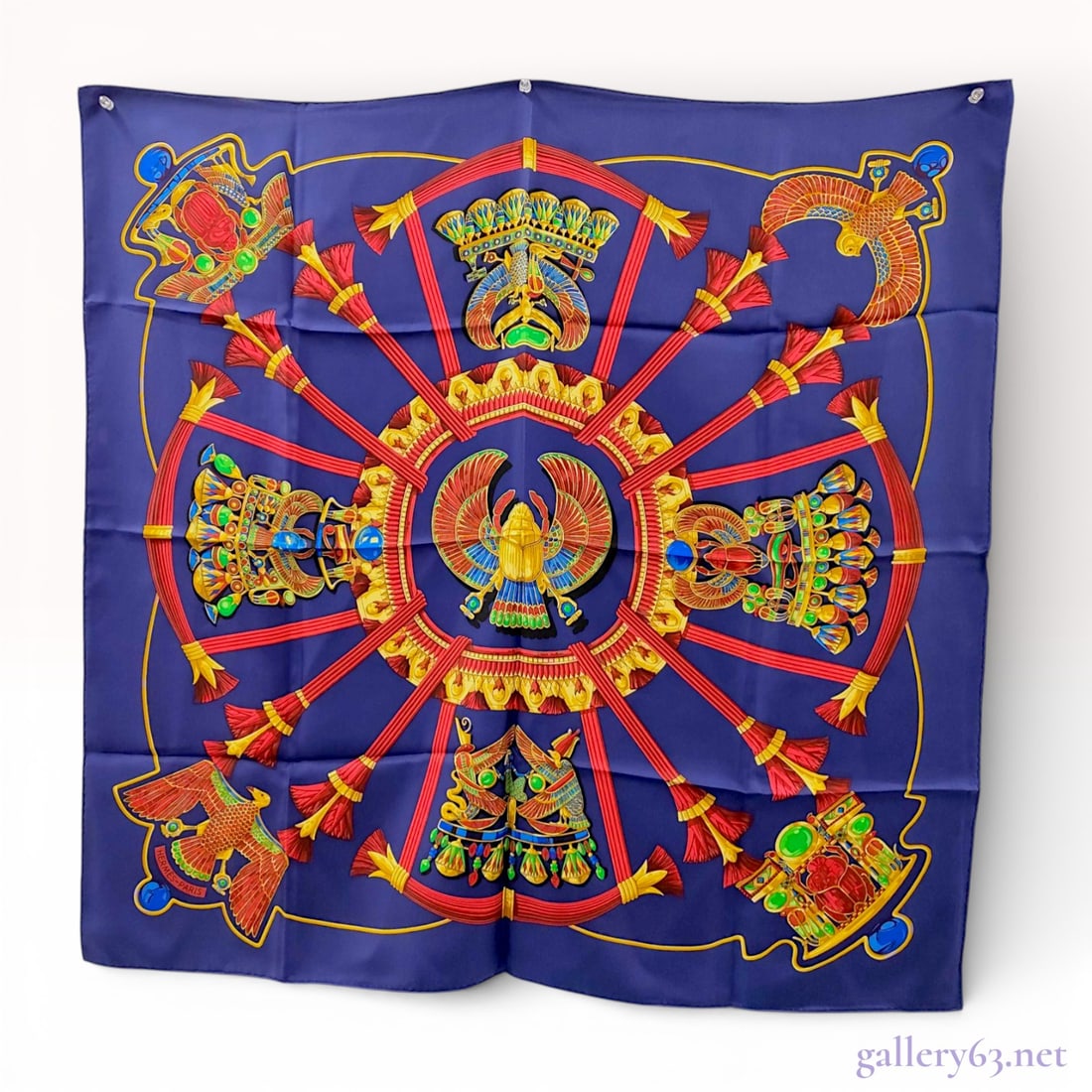 Hermes Scarabées et Pectoraux Silk Carre 90: Hermes "Egypte" (also known as Scarabées et Pectoraux) silk scarf, designed by Caty Latham and featuring a blue colorway with Egyptian scarab and pectoral motifs. 'Scarabé