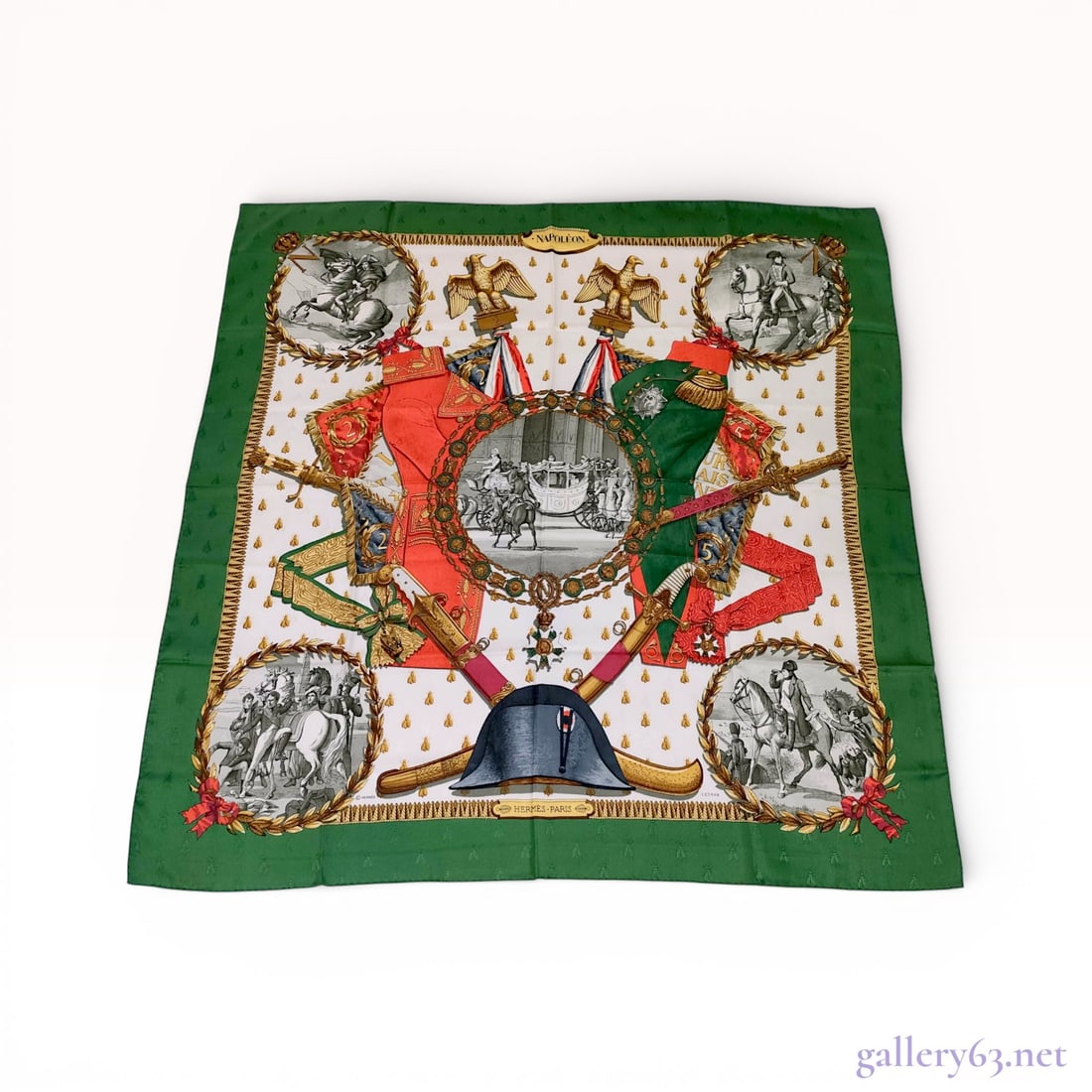 Hermes Silk Carre 90 "Napoléon" Jacquard Scarf: An Hermes silk twill scarf titled "Napoléon, " originally designed by artist Philippe Ledoux in 1963. This elaborate design serves as a tribute to Napoleon Bonaparte, featuring a cent