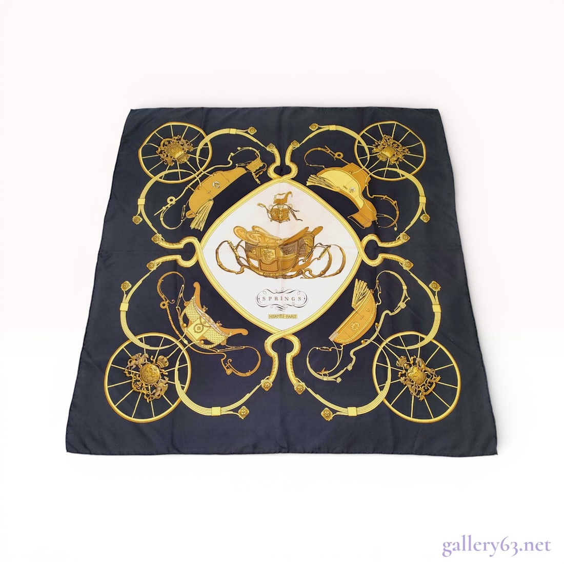 Hermes Silk Carre Scarf, Springs Pattern, Carre 90: This authentic Hermes 90cm silk twill Carre scarf features the "Springs" pattern, originally designed by artist Philippe Ledoux in 1974. The intricate equestrian-themed illustration centers