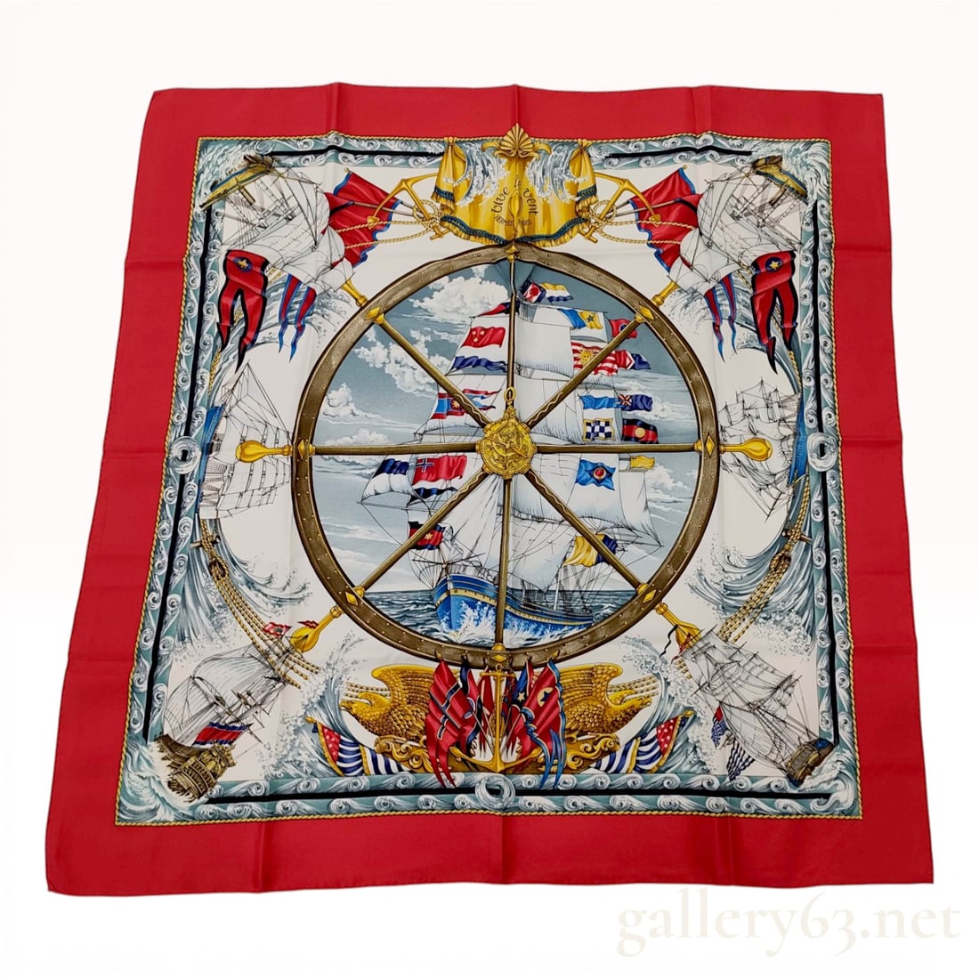 Hermes Silk Scarf, Vive le Vent Pattern, Carre 90: A classic Hermes Carre 90 silk scarf in the "Vive le Vent" (Long Live the Wind) pattern, designed by Laurence Bourthoumieux (Toutsy) and first issued in 1992. This nautical-themed accessory