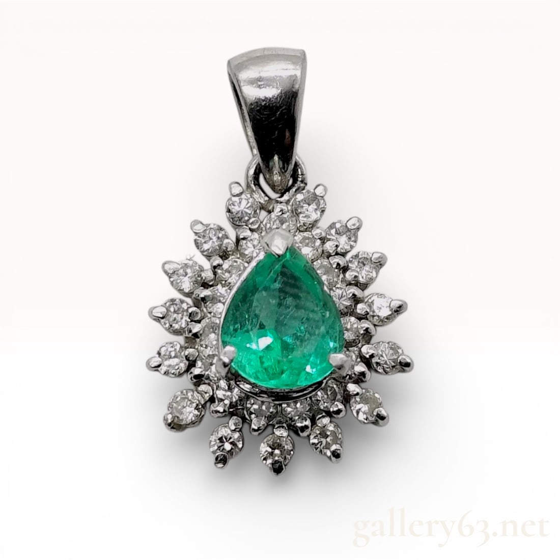 Platinum Pear-Cut Emerald and Diamond Sunburst Pendant (1 of 8)