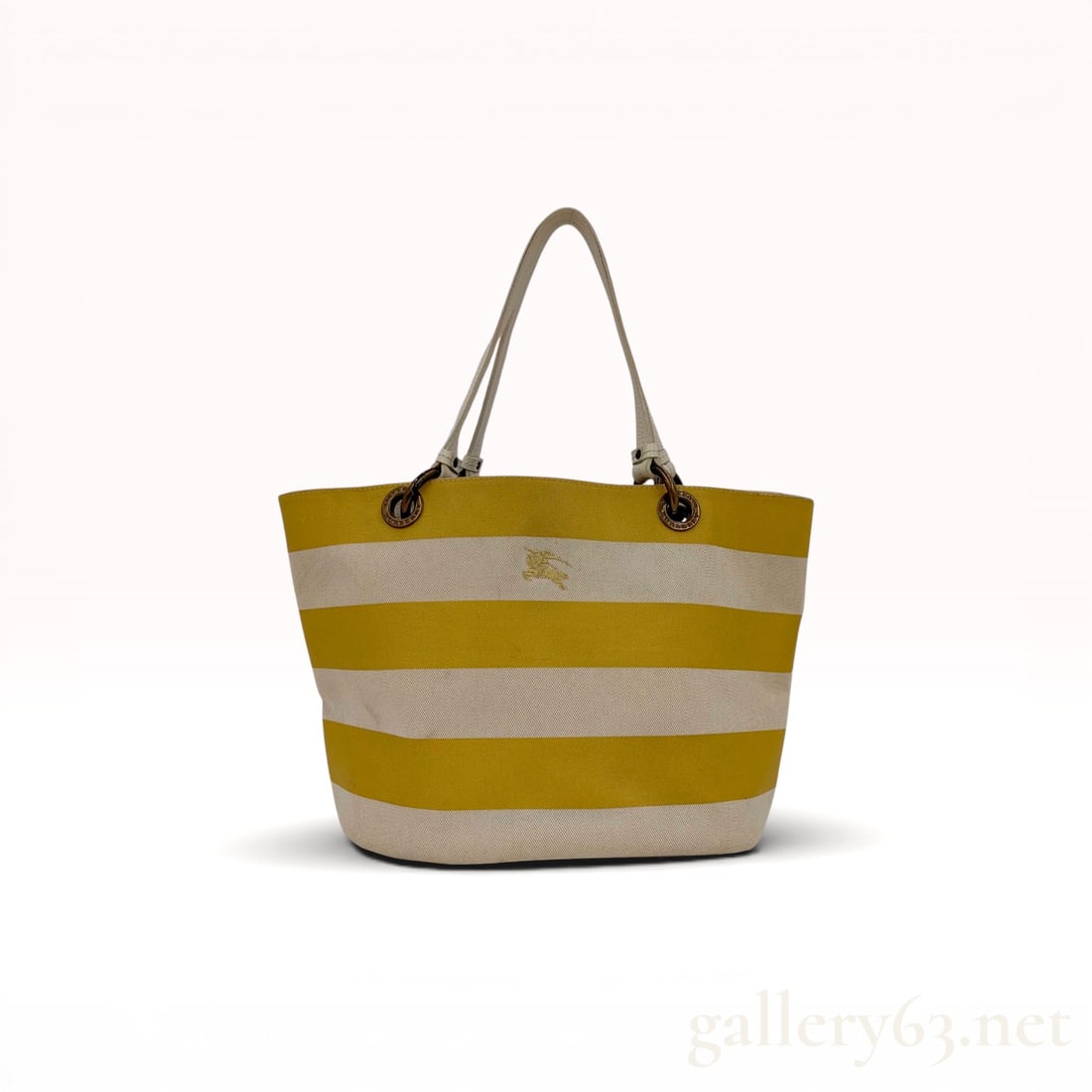Burberry Blue Label Striped Canvas and Leather Tote Bag with Pouch: Burberry Blue Label tote bag featuring horizontal ochre yellow and cream stripes, early 21st century. The bag is constructed from canvas with off-white leather trim, dual flat shoulder straps, and an