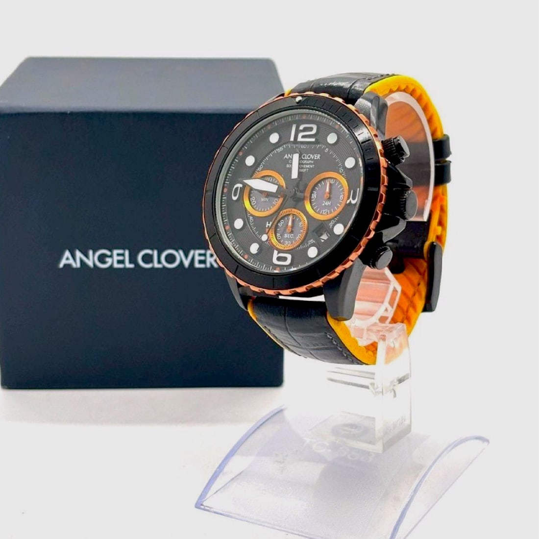 Angel Clover Time Craft Solar Chronograph Wristwatch Reference TCD45: Angel Clover Time Craft Solar chronograph wristwatch, reference TCD45, featuring a Japanese solar-powered quartz movement. The black-coated stainless steel case is designed with a rose-gold tone serra