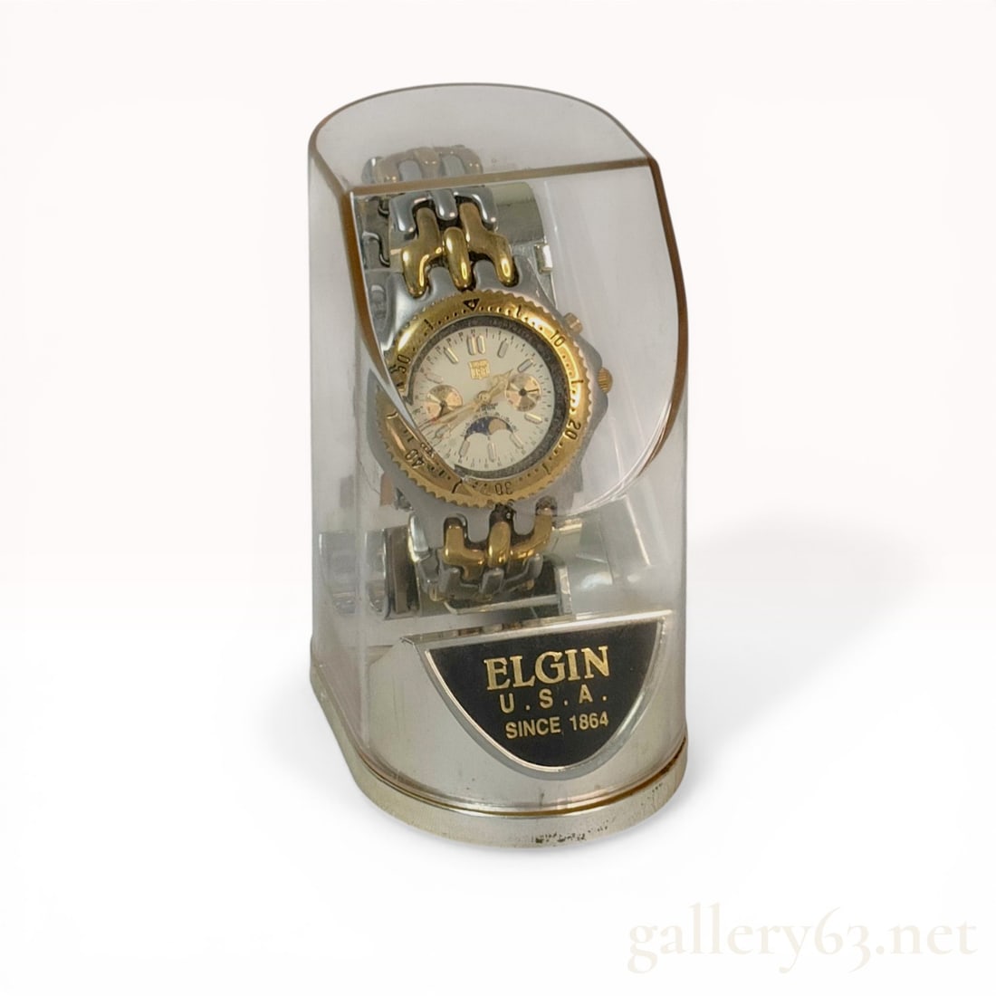 Elgin Professional Multi-Function Moon Phase Wristwatch Reference FK-1017E: An Elgin Professional multi-function wristwatch, reference number FK-1017E. The timepiece features a two-tone stainless steel case with a gold-tone unidirectional rotating bezel marked with a tachymet