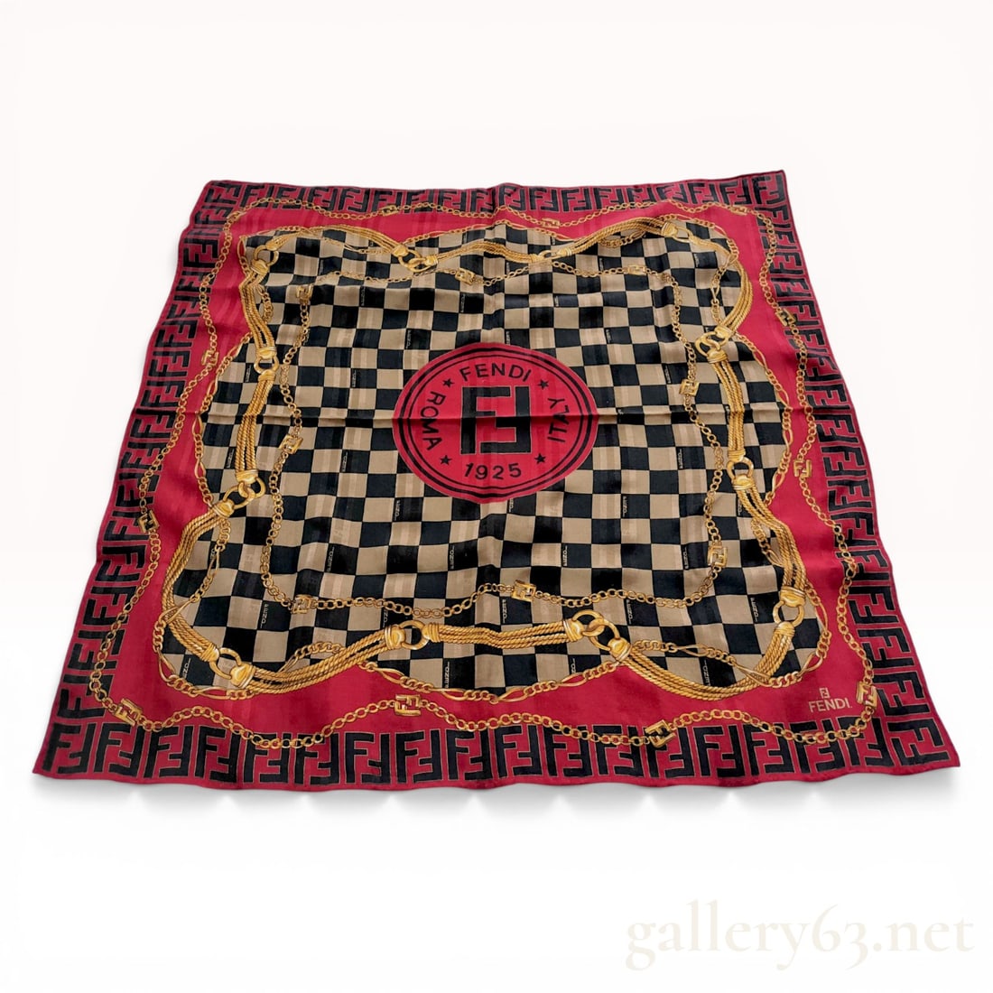 Fendi Silk Jacquard Scarf with Zucca Border and Chain Motif: Fendi silk square scarf featuring a complex multi-layered logo design, late 20th century. The central black and beige checkerboard field is overlaid with gold-tone chain-link and rope graphics, center
