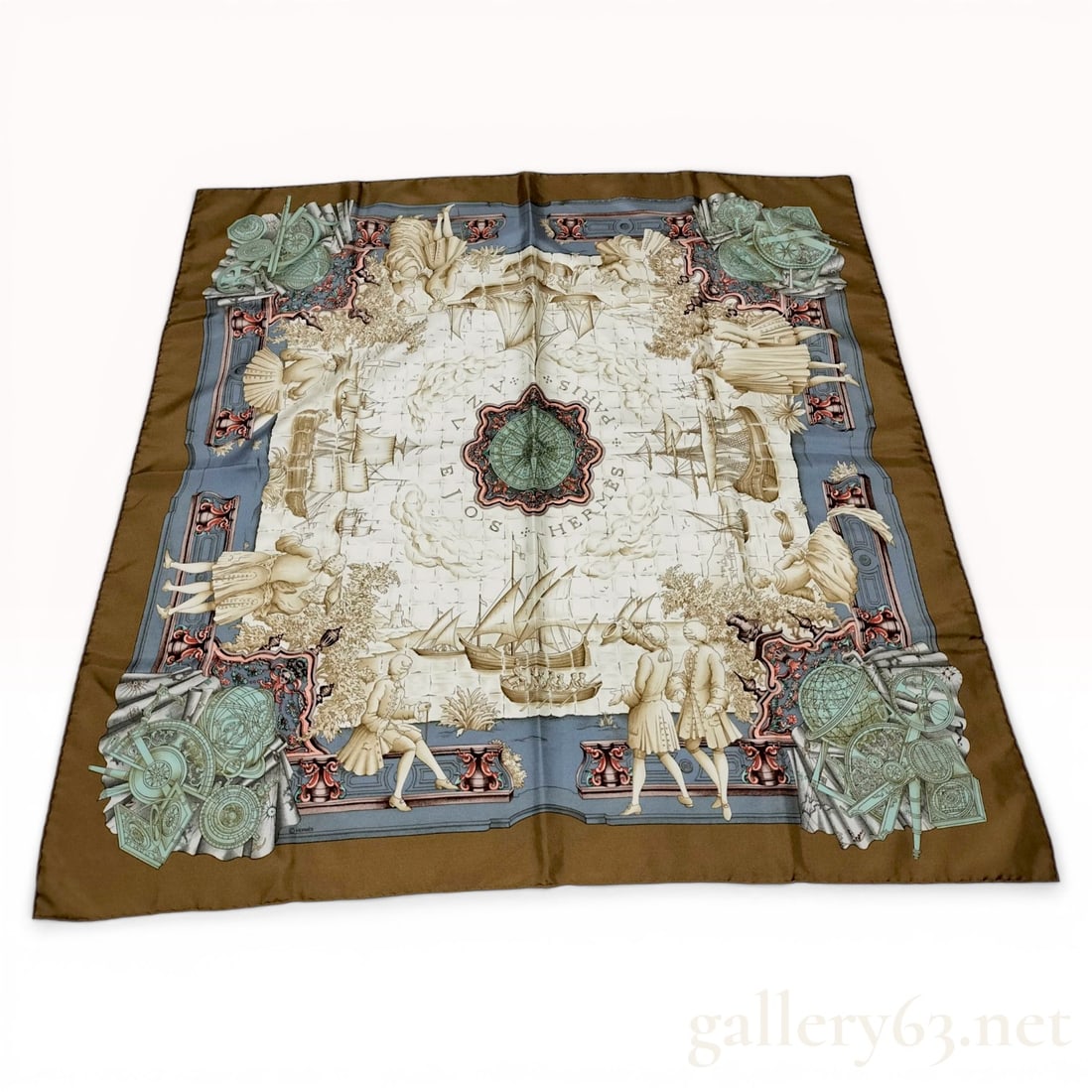 Hermes Azulejos Silk Scarf by Catherine Baschet: Hermes silk twill scarf in the Azulejos pattern designed by Catherine Baschet, originally issued in 1992. The illustration depicts 18th-century nautical and scientific themes including sailing