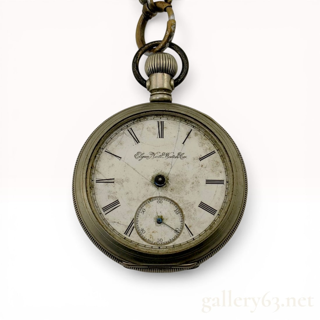 Elgin National Watch Co. Size 18 Pocket Watch for Hokkaido Railway Management Bureau: Elgin National Watch Co. open-face pocket watch, late 19th century. The watch features a white porcelain dial with black Roman numeral hour markers, a sub-second dial, and a white metal case with reed