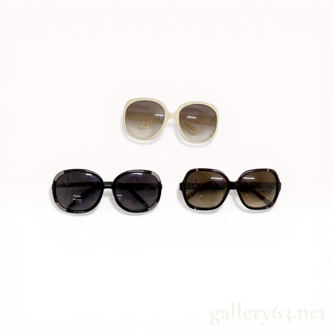 Three Pairs of Designer Sunglasses including Dior and Chlo?© Myrte: A trio of designer sunglasses featuring one pair by Christian Dior and two pairs by Chlo?©, including the Myrte model. The Dior pair is constructed with oversized round white acetate frames, gradient