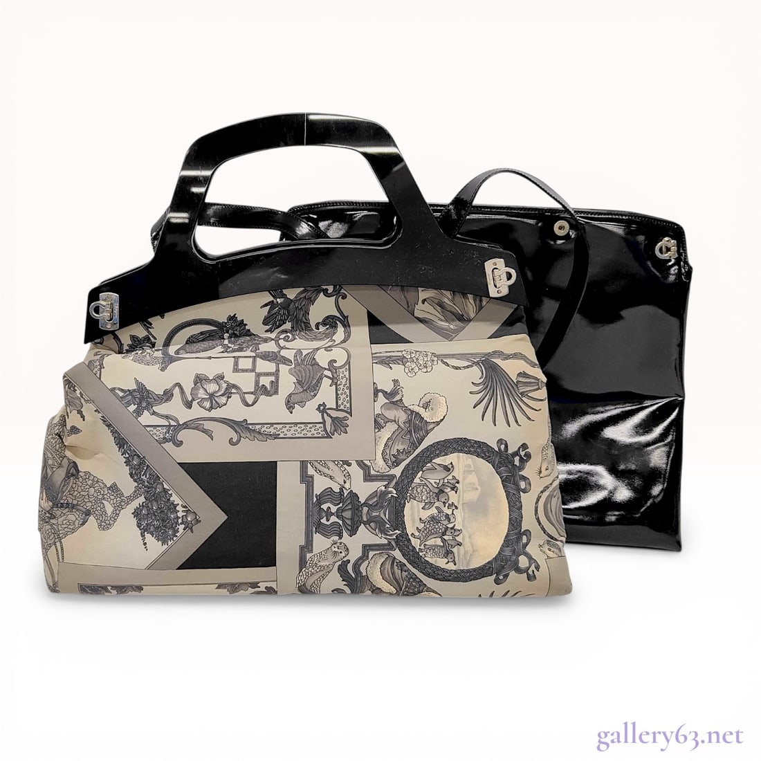 Salvatore Ferragamo Scarf-Print Framed Top Handle Bag with Pouch: Salvatore Ferragamo vintage top handle handbag featuring a monochromatic botanical and figural scarf-print exterior. The structured design includes a black resin frame with integrated handles, silver-