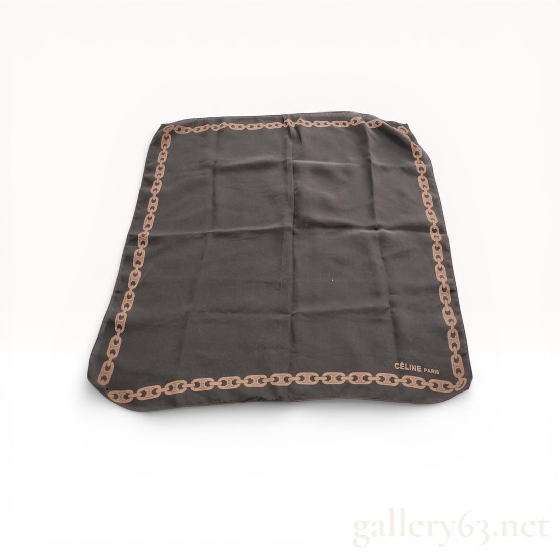 Celine Silk Scarf with Triomphe Chain Link Border: Celine silk pocket square or small scarf, late 1980s-1990s. The design features a charcoal center field framed by a tan border depicting a continuous chain link motif incorporating the signature Triom