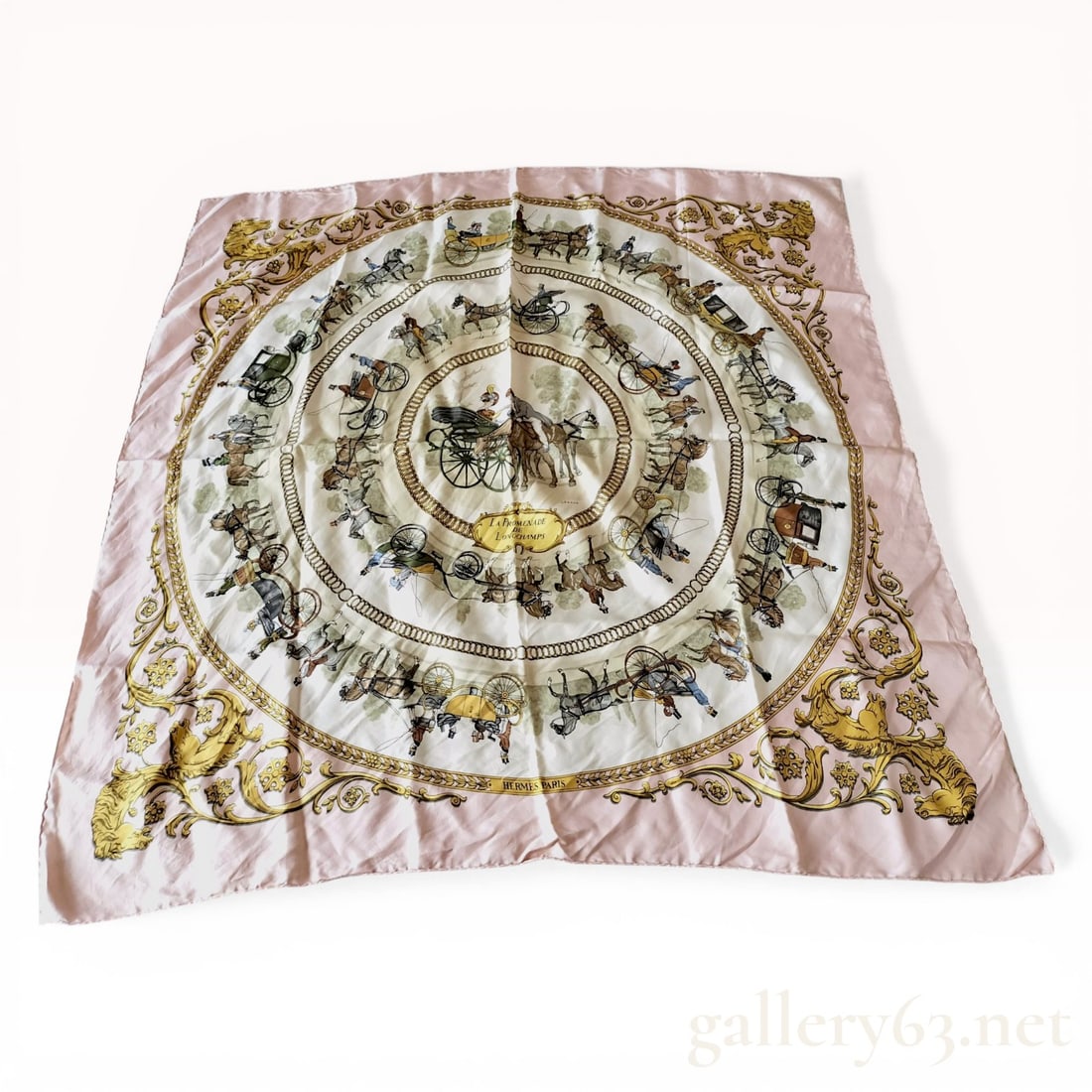 Herm?¨s La Promenade de Longchamps Silk Scarf: Hermès silk twill scarf in the La Promenade de Longchamps pattern, originally designed by artist Philippe Ledoux. The design features concentric circles of 19th-century horse-drawn carriages an