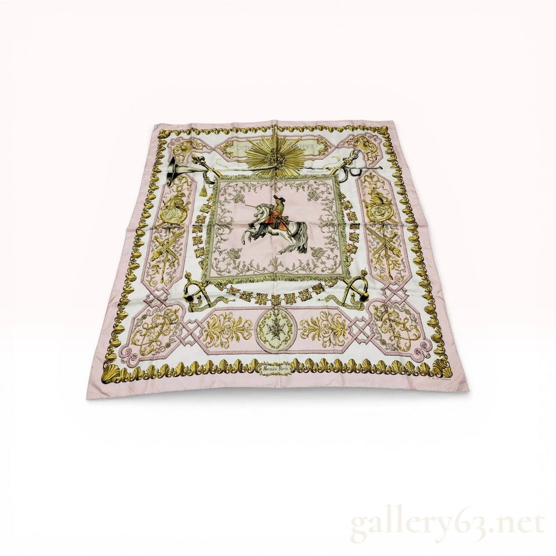 Herm?¨s Ludovicus Magnus Silk Scarf: Hermès silk scarf in the Ludovicus Magnus pattern, originally designed by Françoise de la Perrière in 1963. The design features a central equestrian figure of Louis XIV surrounded