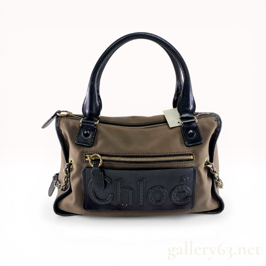 Chlo?© Eclipse Canvas and Leather Satchel: Chloé Eclipse satchel featuring a brown canvas body with black leather trim and handles. The front is accented with a large black leather panel displaying an oversized stitched Chloé log