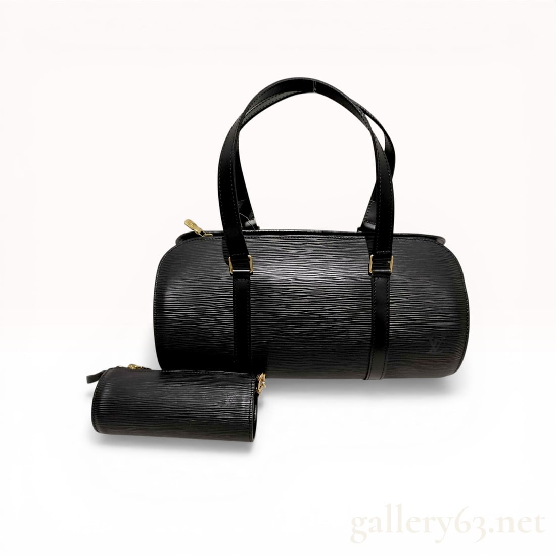 Louis Vuitton Black Epi Leather Soufflot Bag with Matching Pouch: Louis Vuitton Soufflot handbag and matching accessory pouch in Noir black Epi leather. The cylindrical barrel silhouette features smooth leather trim, dual top handles, and gold-tone brass hardware.