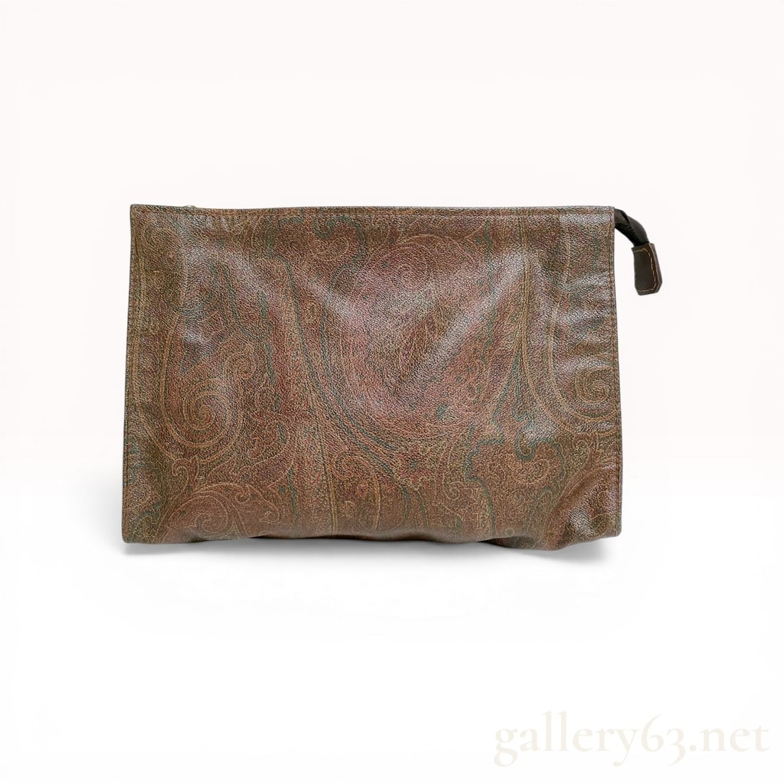 Etro Paisley Print Coated Canvas Clutch Bag: Etro rectangular clutch bag featuring the brand signature multicolored paisley motif on textured coated canvas, made in Italy. The interior is lined with tan leather and contains a debossed leather lo