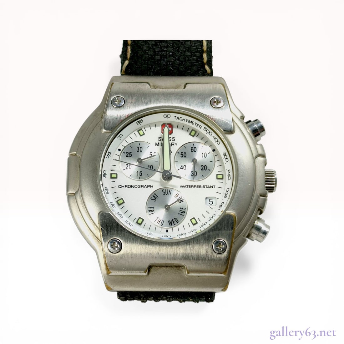 Swiss Military Wenger Chronograph Wristwatch, Ref. 1791J: Swiss Military by Wenger quartz chronograph wristwatch, reference 1791J. This timepiece features a brushed metal case, white dial with silver-toned sub-dials, day-of-the-week indicator, date window at