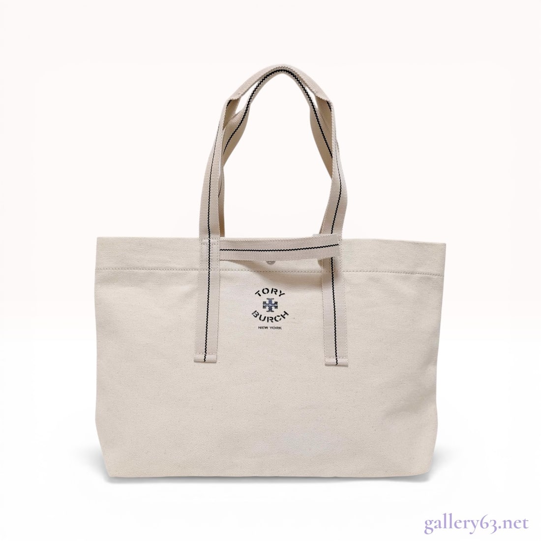 Tory Burch Canvas Logo Design Large Tote Bag: Tory Burch Canvas Logo Design large tote bag, contemporary. Heavyweight cream canvas construction featuring dual-handle functionality with short top handles and longer shoulder straps in woven webbing