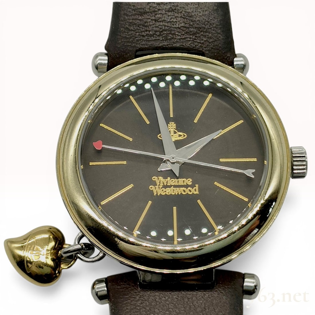 Vivienne Westwood Orb VV006BRBR 01 Two-Tone Quartz Wristwatch: Vivienne Westwood Orb wristwatch, model VV006BRBR 01, featuring a Swiss quartz movement. The two-tone stainless steel case includes a gold-tone polished bezel, a dark brown sunray dial with a red hear