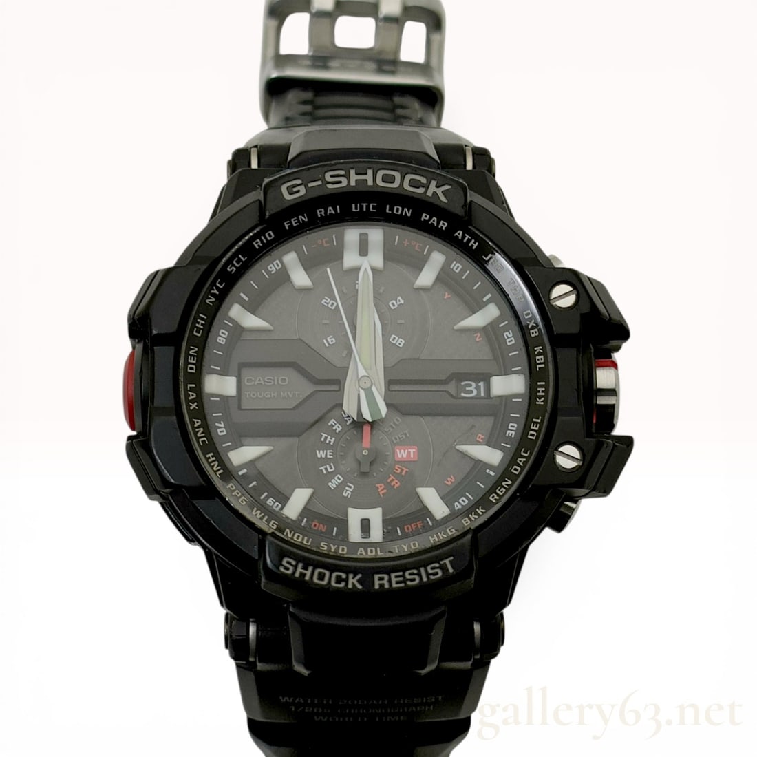 Casio G-Shock Gravitymaster Sky Cockpit Wristwatch GW-A1000: Casio G-Shock Gravitymaster Sky Cockpit aviation wristwatch, model GW-A1000, module 5240. This timepiece features a black resin case with Triple G Resist technology, a Tough Solar quartz movement, and