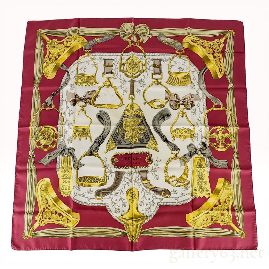Herm?¨s Etriers Silk Carr?© 90 Scarf: Hermès Etriers silk scarf, designed by Françoise de la Perrière, late 20th century. The 100% silk twill Carré 90 features a symmetrical arrangement of ornate historical sti