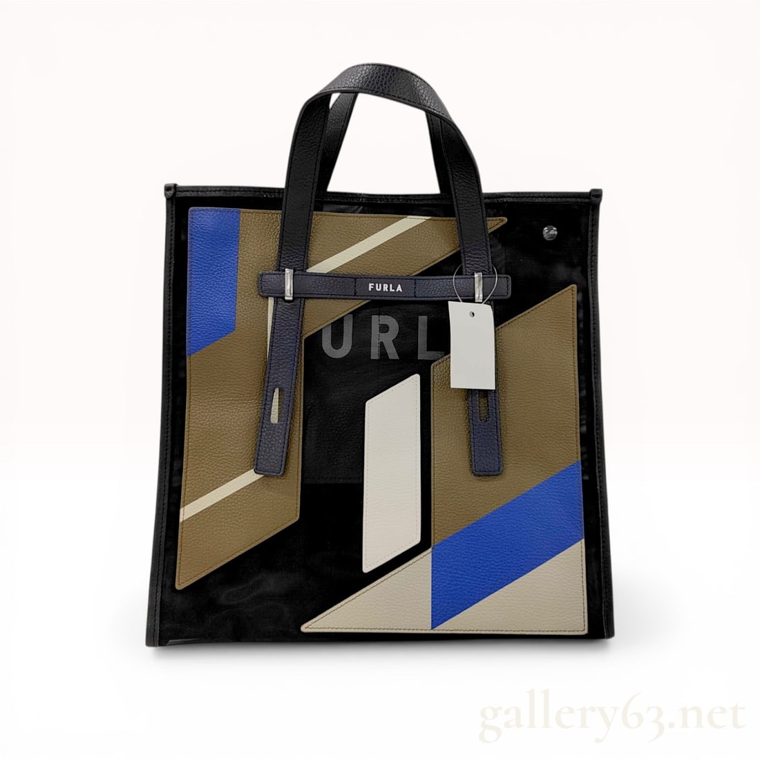 Furla Giove Geometric Applique Mesh and Leather Tote Bag: Furla Giove tote bag featuring a semi-transparent black synthetic mesh body with tan, royal blue, and cream pebbled leather geometric appliqués. The design includes navy blue pebbled leather ha
