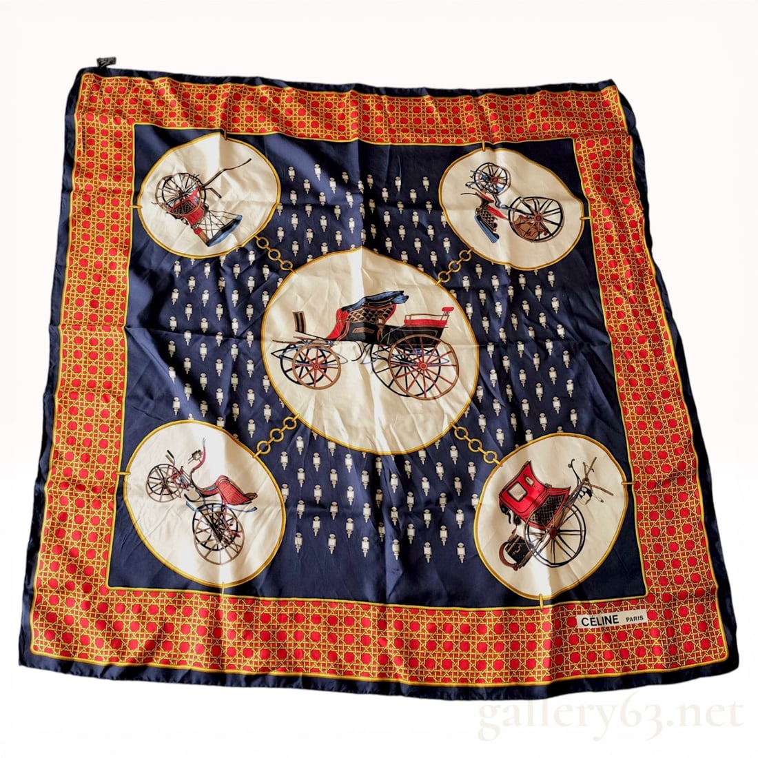 Vintage Celine Paris Silk Equestrian Carriage Scarf: Celine Paris silk twill scarf featuring a vintage equestrian carriage theme, likely late 20th century. The composition centers on a large carriage medallion within a navy field of lantern motifs, fram