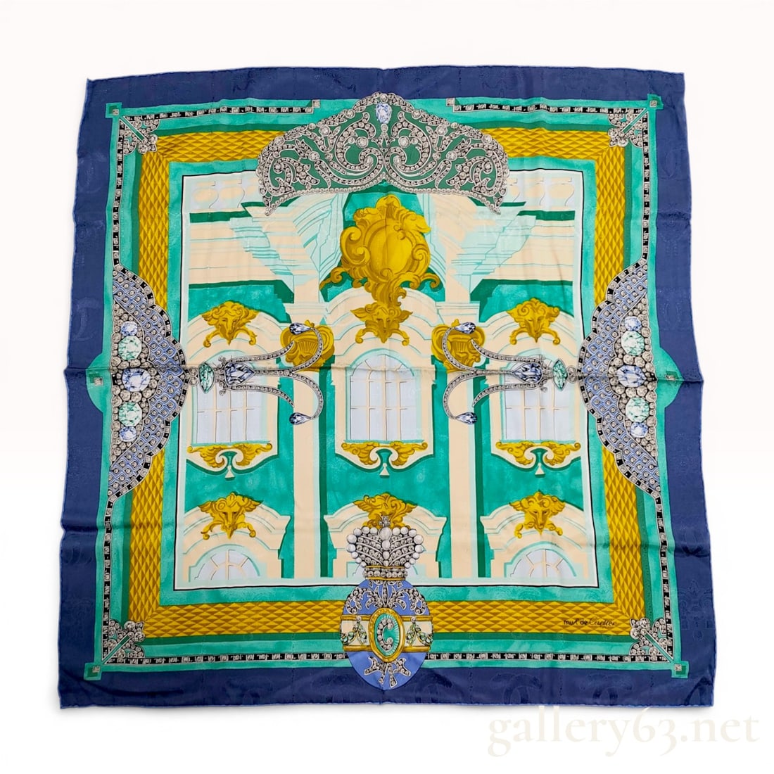 Must de Cartier Silk Scarf with Architectural and Jewelry Motif: Must de Cartier square silk scarf, late 20th century. The design features a teal and cream architectural façade adorned with gold-tone baroque scrolls, a diamond-set diadem, and a central jewel