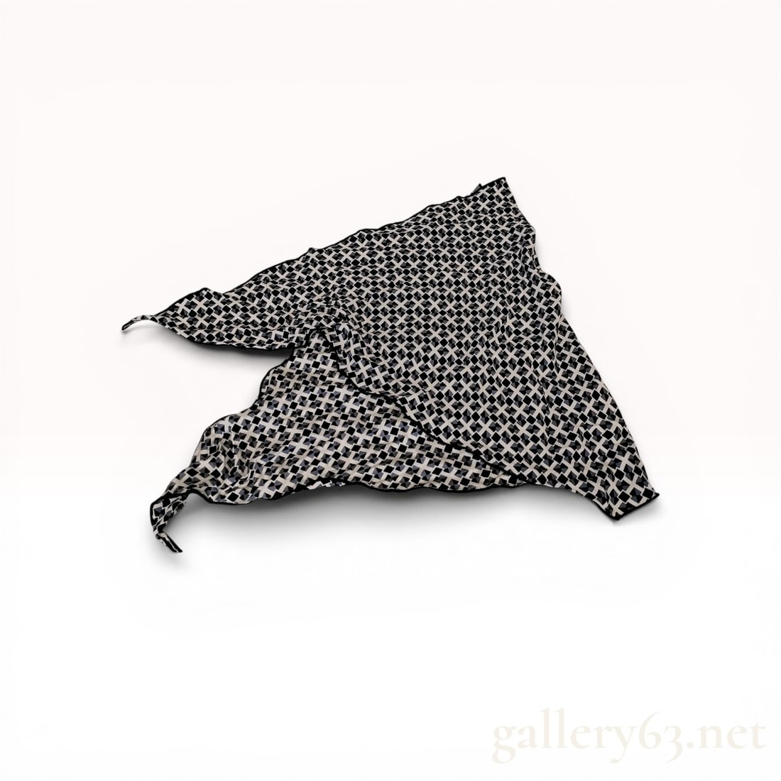 Hermes Paris Silk Maxi-Twilly Scarf with Geometric Pattern: Hermes Paris silk Maxi-Twilly scarf featuring a repeating three-dimensional geometric diamond motif in black, white, and blue-grey. The accessory is constructed from 100 percent silk with hand-rolled