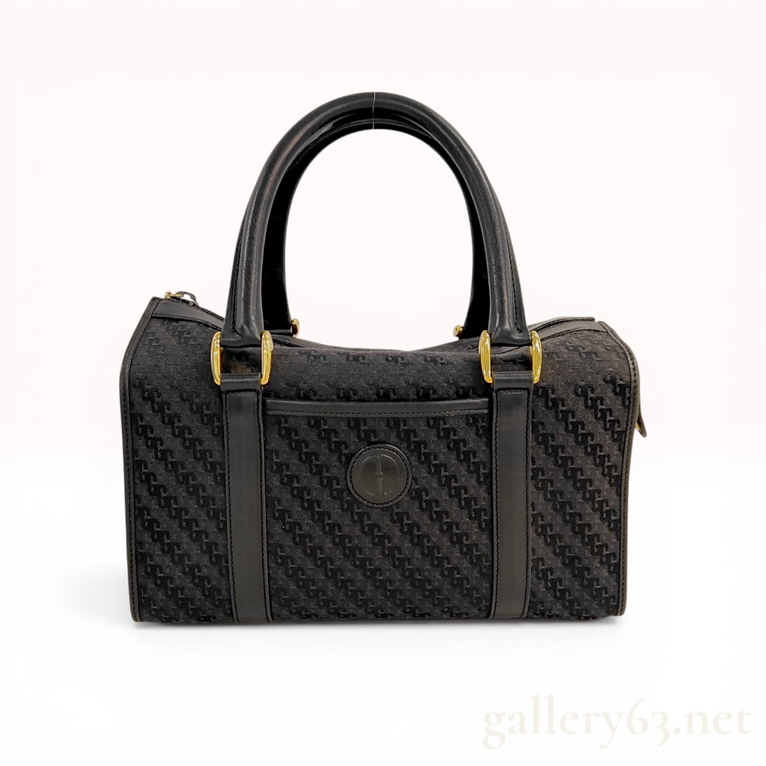 Gherardini Monogram Jacquard Canvas Boston Bag: Gherardini monogram Boston bag, late 20th century. Constructed from black tonal monogram jacquard canvas with leather trim, dual rolled handles, and gold-tone hardware. Features a circular leather G l