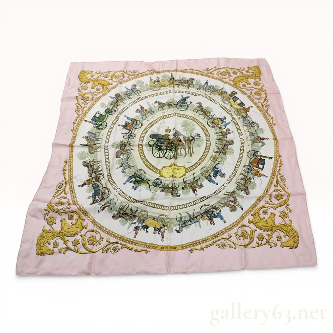 Herm?¨s La Promenade de Longchamps Silk Scarf by Philippe Ledoux: Hermès silk twill scarf in the La Promenade de Longchamps pattern, designed by Philippe Ledoux. The design features concentric rings of 19th-century horse-drawn carriages and figures on a white