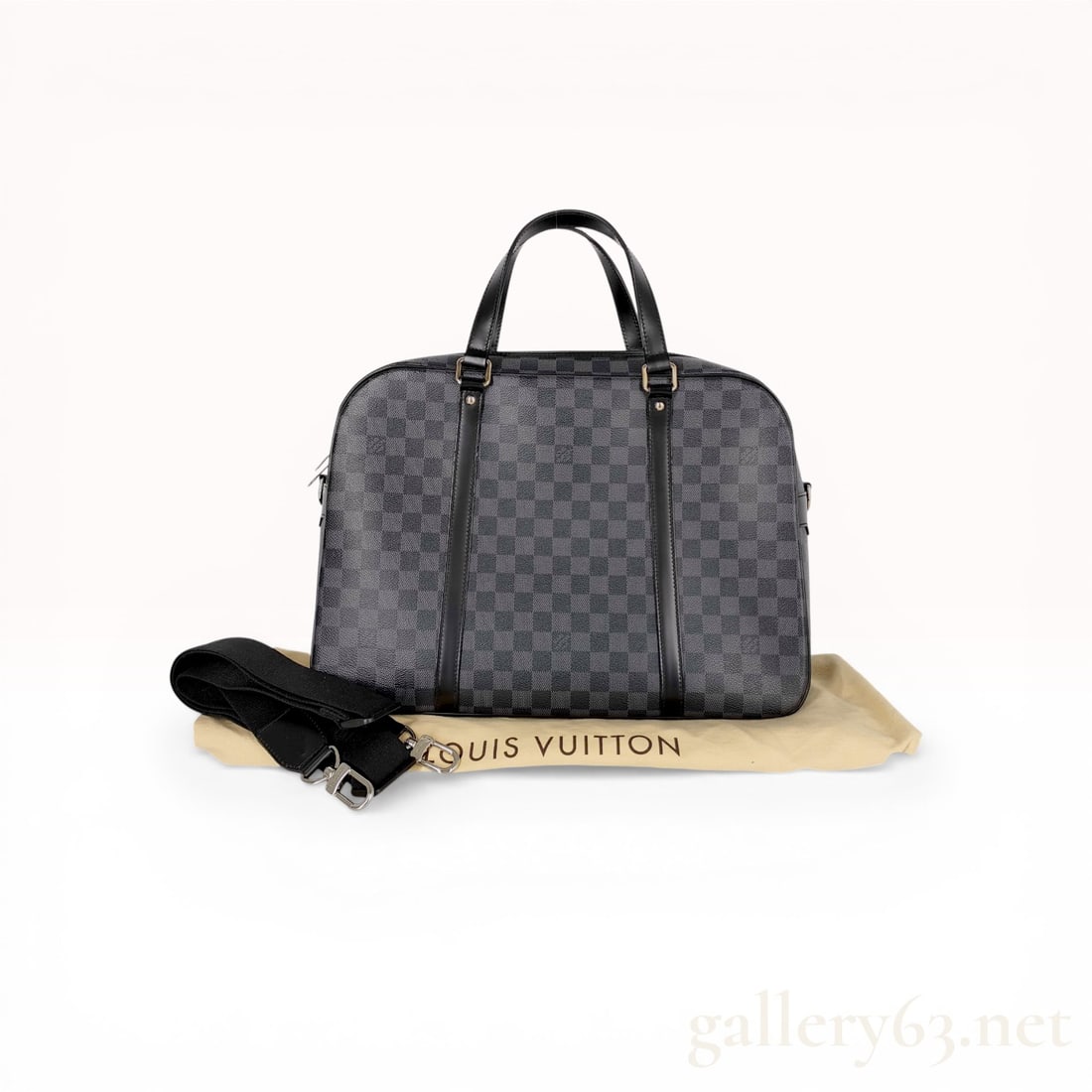 Louis Vuitton Damier Graphite Porte-Documents Voyage PM: Louis Vuitton Porte-Documents Voyage PM briefcase in Damier Graphite coated canvas. Features smooth black leather trim, dual rolled top handles, silver-tone hardware, and a double-zip closure. The int