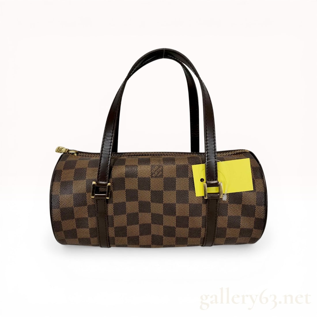 Louis Vuitton Damier Ebene Papillon 30 Handbag: Louis Vuitton Papillon 30 handbag in Damier Ebene coated canvas with dark brown leather trim and flat handles. The cylindrical barrel-shaped exterior features a top zipper closure with branded gold-to