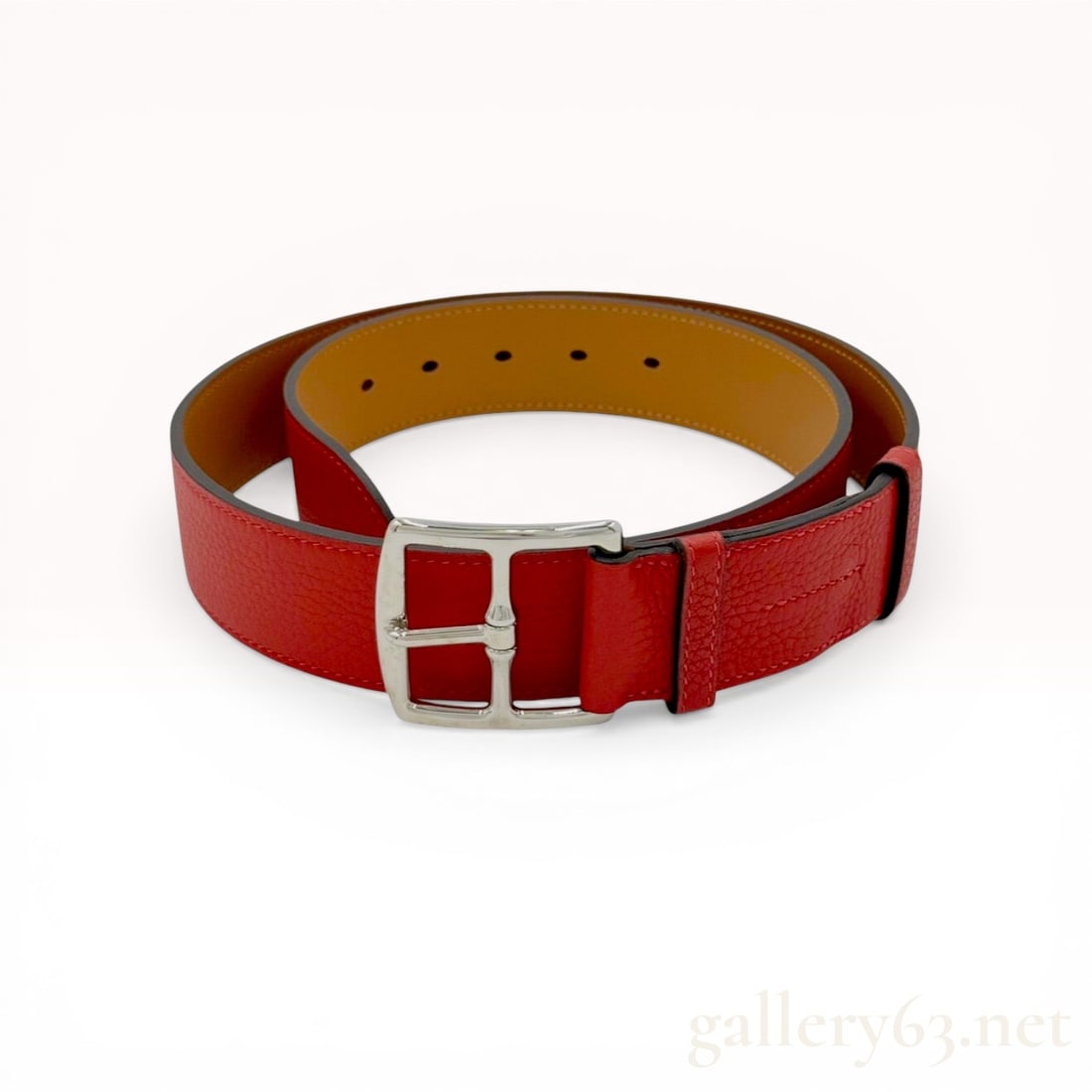 Herm?¨s Red Grained Leather Etriviere Belt with Silver Tone Hardware (1 of 7)