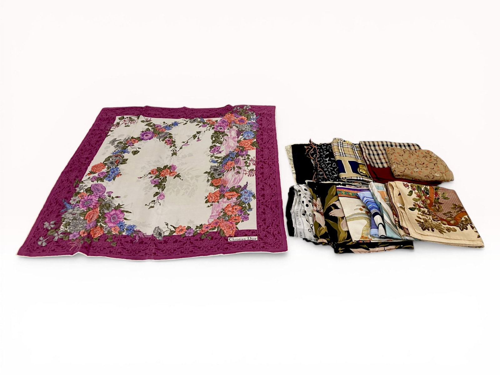 An Assortment of 12 Designer and Fashion Scarves Including Christian Dior, Burberrys, and Bvlgari (1 of 9)