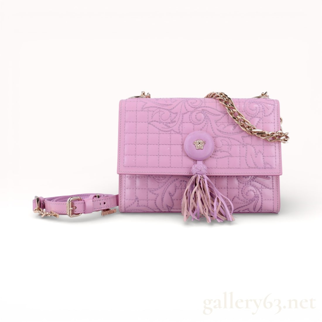 Gianni Versace Vanitas Barocco Quilted Patent Leather Flap Bag: Gianni Versace Vanitas flap bag in lavender pink patent leather, circa 2013. The exterior features grid quilting with tonal baroque scroll embroidery, a leather-wrapped Medusa head button closure, a m