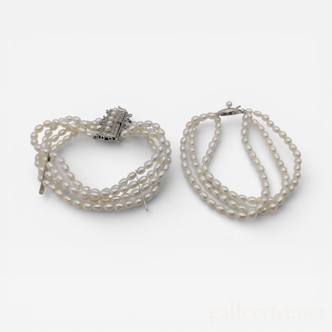 Two Multi-Strand Freshwater Pearl Bracelets with 14 Karat White Gold and Silver Clasps (1 of 6)