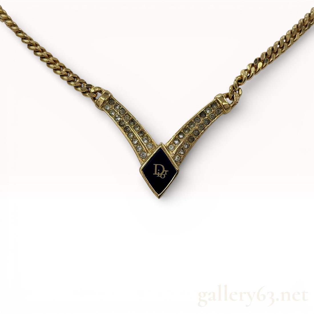 Christian Dior Vintage Gold-Tone Rhinestone and Black Enamel V-Station Necklace (1 of 3)