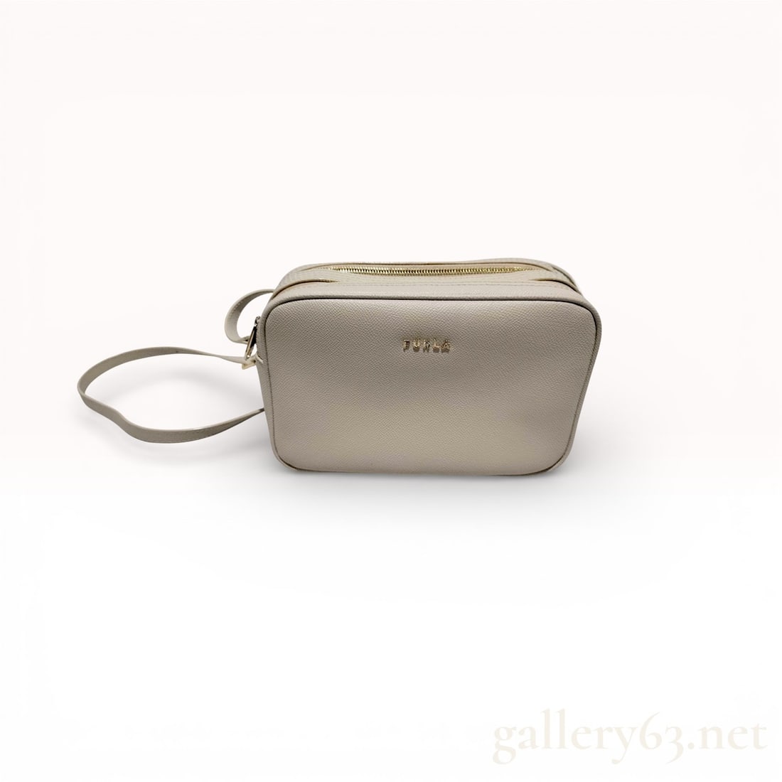 Furla Lilli Saffiano Leather Double Zip Camera Crossbody Bag: Furla camera-style crossbody bag in the Lilli model, contemporary. Crafted from beige Saffiano-textured leather with two independent zippered compartments and gold-tone hardware. The interior features