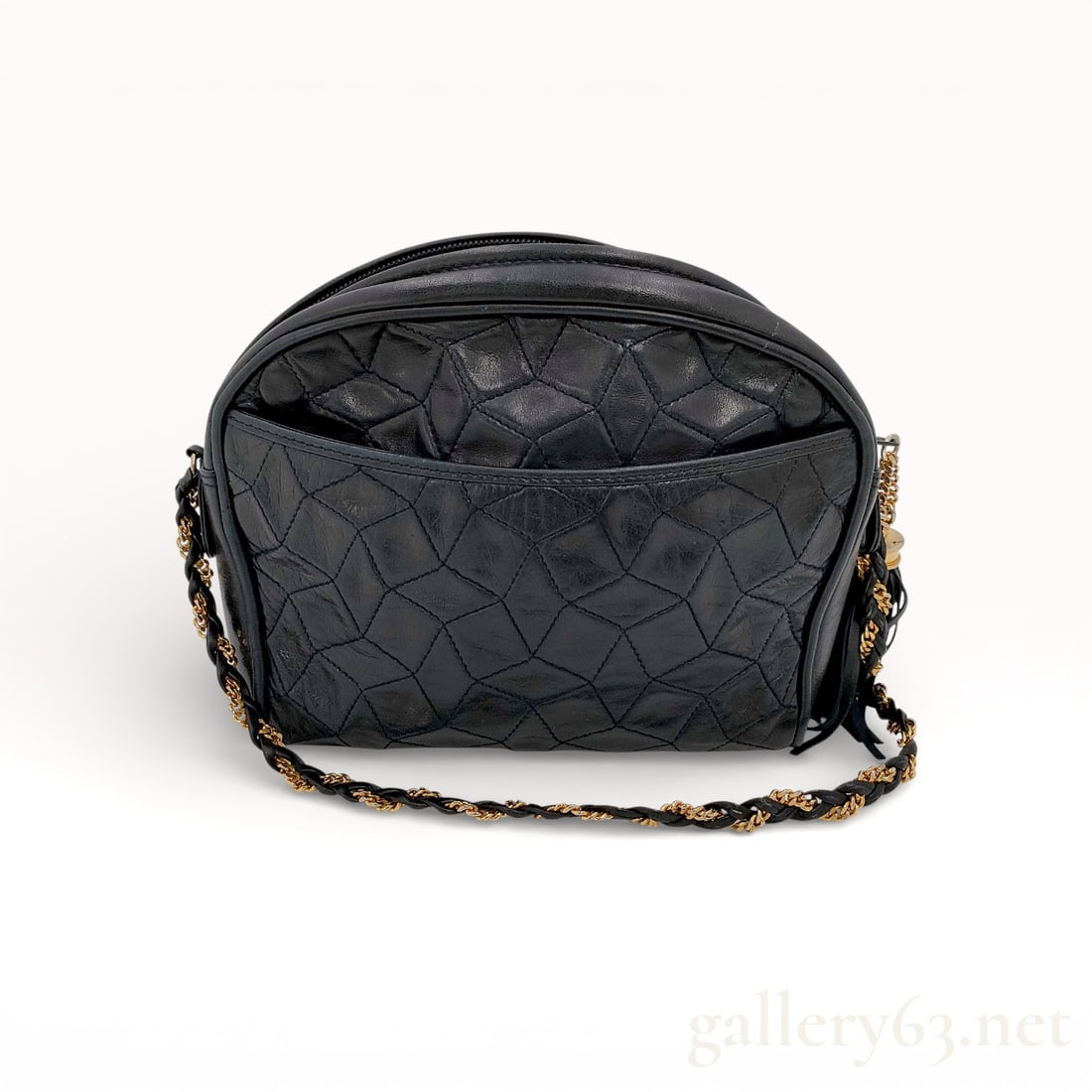 Bally Vintage Quilted Leather Tassel Camera Crossbody Bag: Bally vintage camera-style crossbody bag, made in Switzerland. Features black quilted lambskin leather in a geometric pattern with smooth leather trim and a front exterior slip pocket. Designed with a